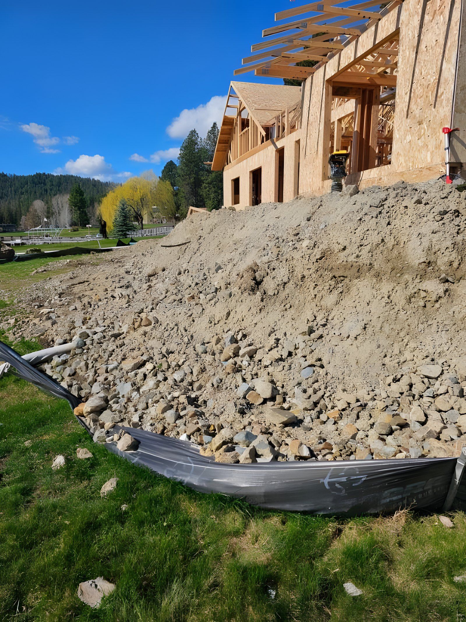 Rock fill slope and silt fence below a framed house, before the boulder wall went in